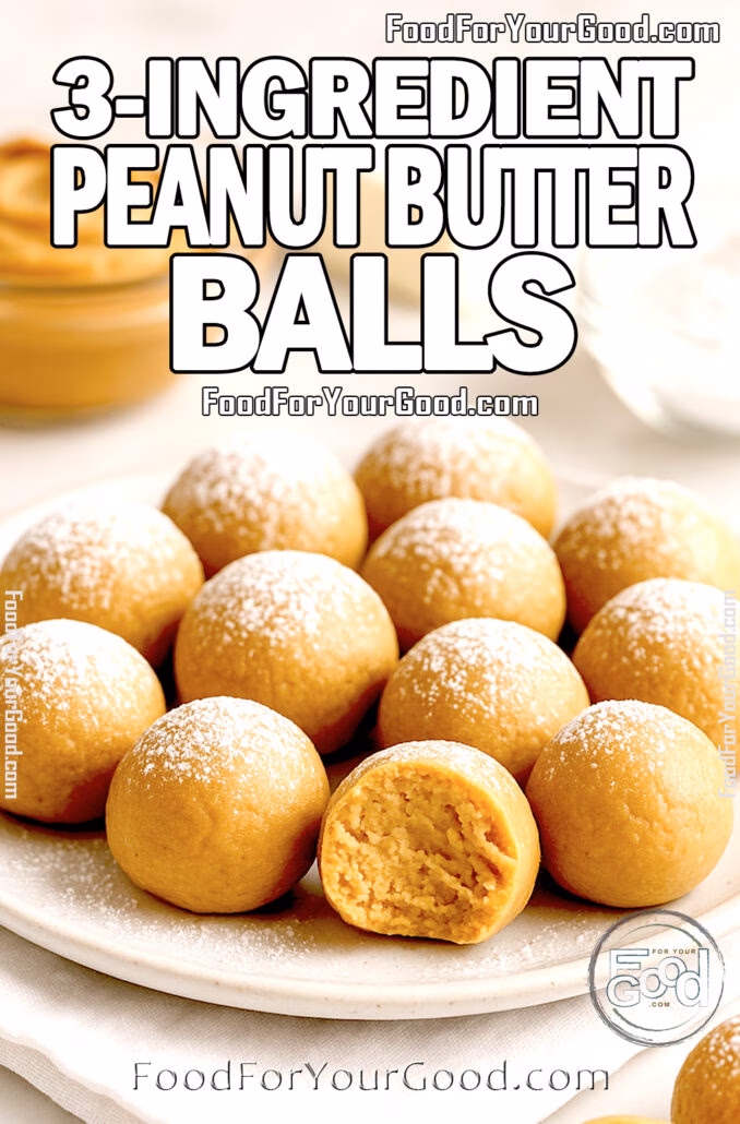Homemade 3-Ingredient Peanut Butter Balls dusted with powdered sugar, served on a plate with peanut butter, cream cheese, and sugar in the background.