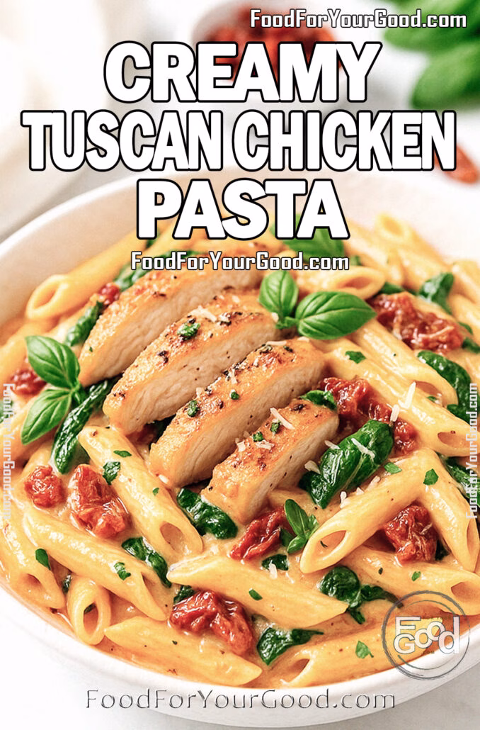 Creamy Tuscan Chicken Pasta in a white bowl with penne, chicken, spinach, and sun-dried tomatoes.