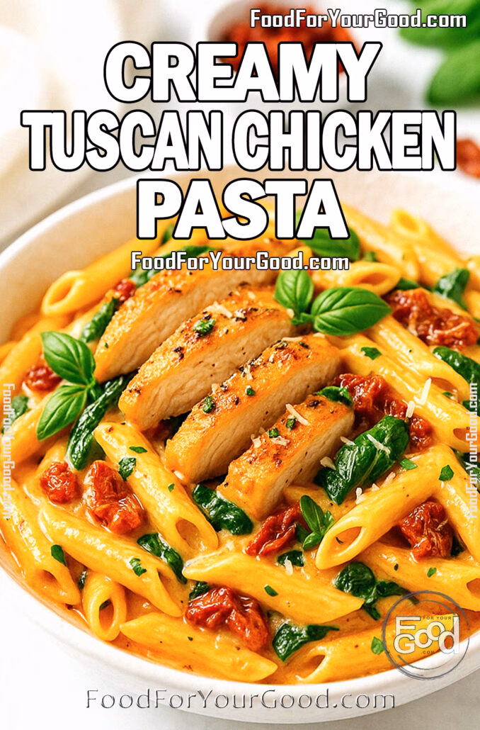Creamy Tuscan Chicken Pasta Creamy Tuscan Chicken Pasta in a white bowl with penne, chicken, spinach, and sun-dried tomatoes.