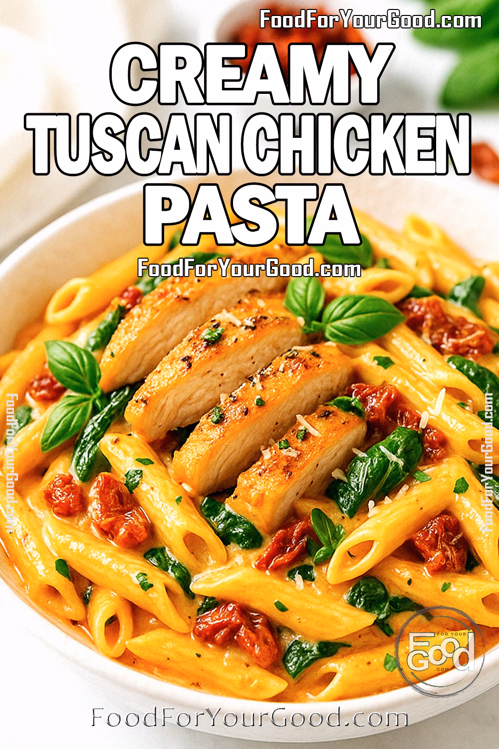 Creamy Tuscan Chicken Pasta | FoodForYourGood.com Creamy Tuscan Chicken Pasta in a white bowl with penne, chicken, spinach, and sun-dried tomatoes.