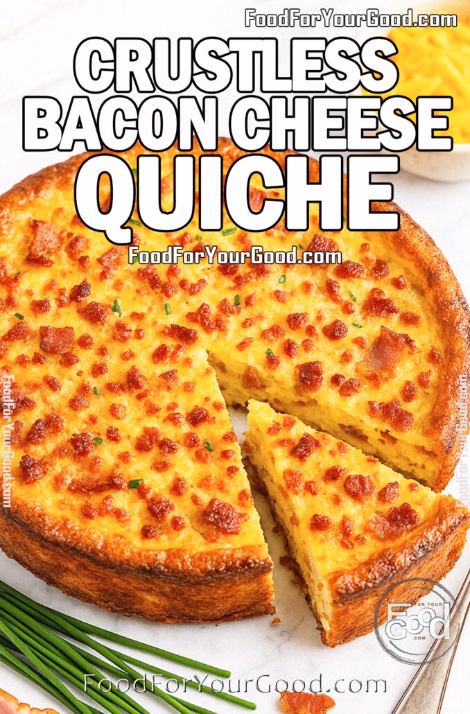 Crustless Bacon Cheese Quiche A golden-brown crustless bacon cheese quiche with a slice cut out, surrounded by fresh chives, bacon, and cheddar cheese on a white marble background.