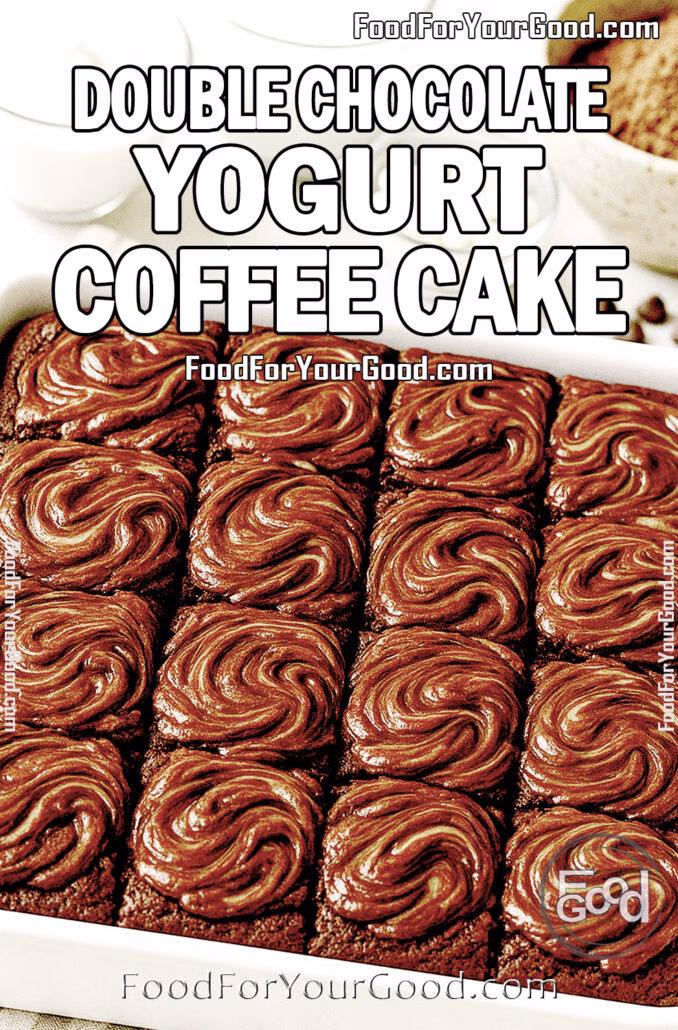 Double Chocolate Yogurt Coffee Cake Freshly baked Double Chocolate Yogurt Coffee Cake in a white ceramic dish, topped with swirled milk chocolate glaze, sliced into twelve squares with yogurt, milk, white chocolate chips, and cocoa powder in the background.