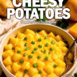 A bowl of Slow-Cooker Cheesy Potatoes topped with chopped green onions, surrounded by fresh ingredients like potatoes, onions, and parsley in soft daylight.