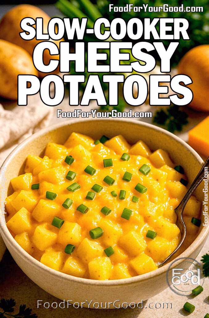 A bowl of Slow-Cooker Cheesy Potatoes topped with chopped green onions, surrounded by fresh ingredients like potatoes, onions, and parsley in soft daylight.