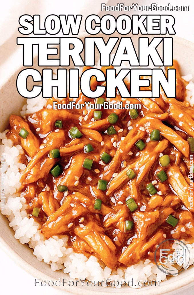 Slow Cooker Teriyaki Chicken A bowl of slow cooker teriyaki chicken over rice, garnished with green onions and sesame seeds, styled with a fork and fresh chives on a marble surface.
