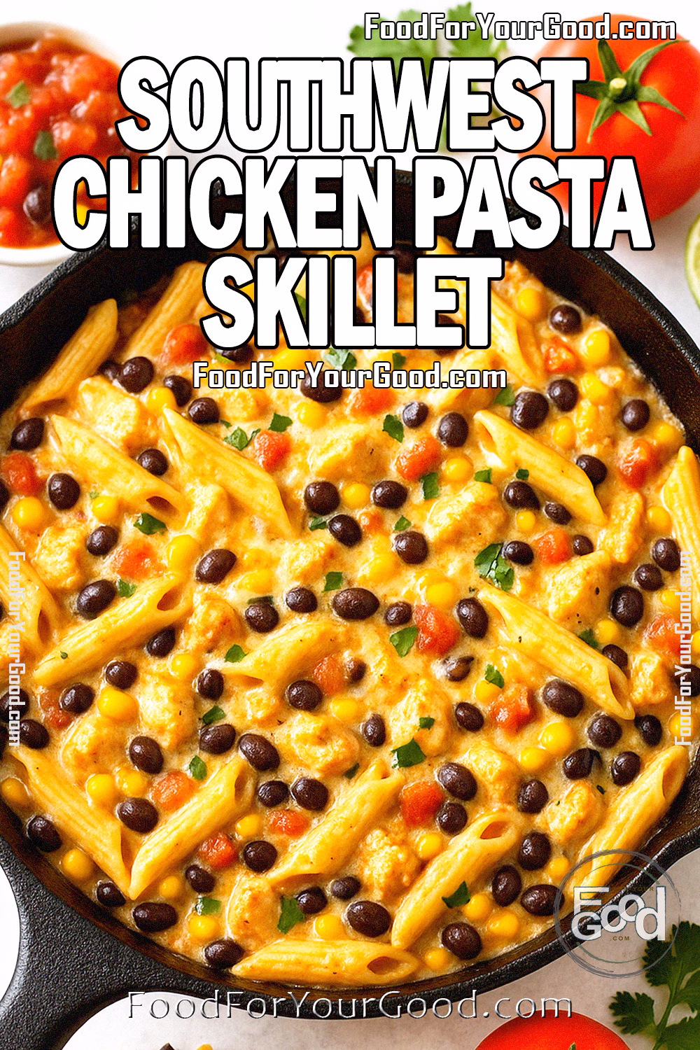 Southwest Chicken Pasta Skillet in Cast Iron Pan – FoodForYourGood.com Creamy Southwest Chicken Pasta in cast iron skillet with black beans, corn, tomatoes, and cilantro, surrounded by fresh ingredients