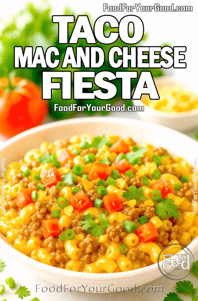 Taco Mac and Cheese Fiesta Bright and colorful bowl of taco mac and cheese topped with beef, tomatoes, green onions, cilantro, and tortilla chips, with fresh ingredients in the blurred background.