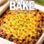 A freshly baked Black Bean Bake topped with golden melted cheese and fresh chives in a white ceramic dish.