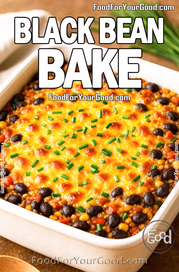 A freshly baked Black Bean Bake topped with golden melted cheese and fresh chives in a white ceramic dish.