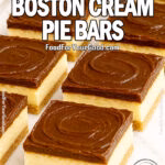 A tray of No-Bake Boston Cream Pie Bars featuring thick vanilla custard, swirled chocolate topping, and graham cracker crust on white marble.