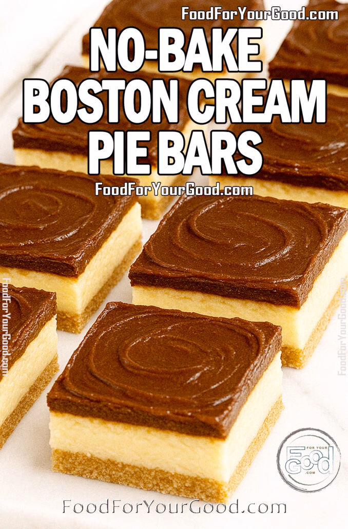 No-Bake Boston Cream Pie Bars A tray of No-Bake Boston Cream Pie Bars featuring thick vanilla custard, swirled chocolate topping, and graham cracker crust on white marble.