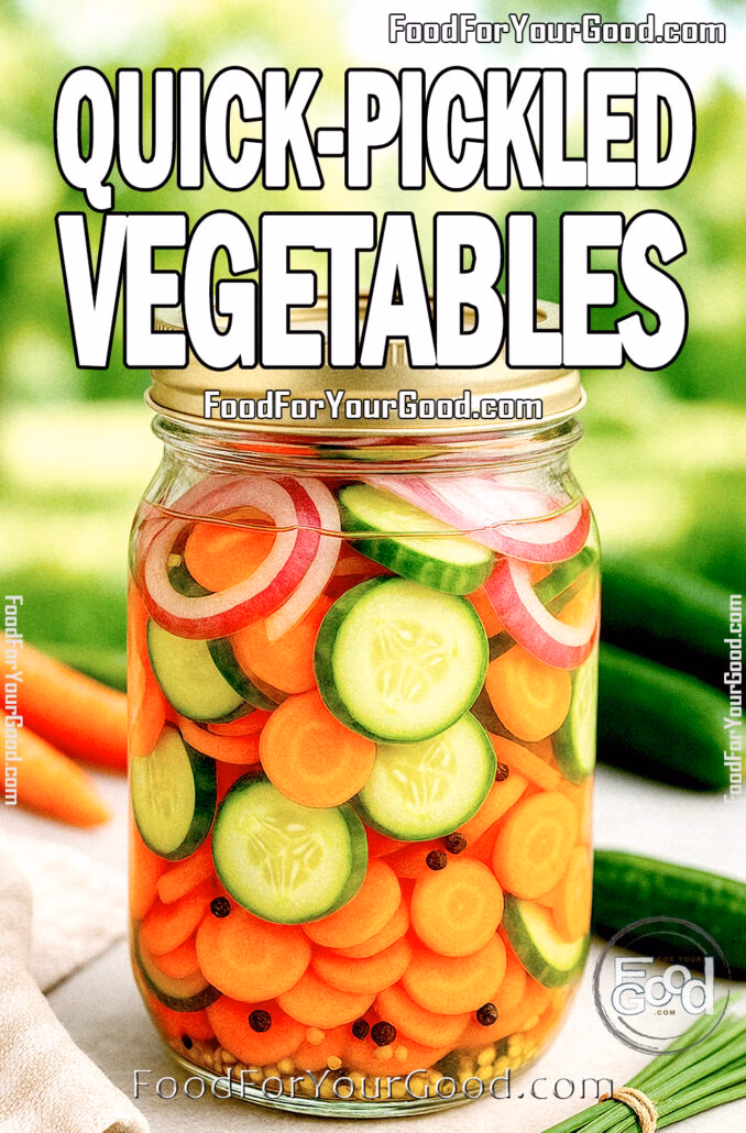 Quick-Pickled Vegetables A glass mason jar filled with homemade quick-pickled vegetables including carrots, cucumbers, and onions, set against a soft green outdoor background.