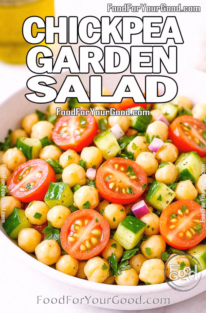 Chickpea Garden Salad Chickpea garden salad with tomatoes, cucumbers, red onion, and parsley in a white bowl