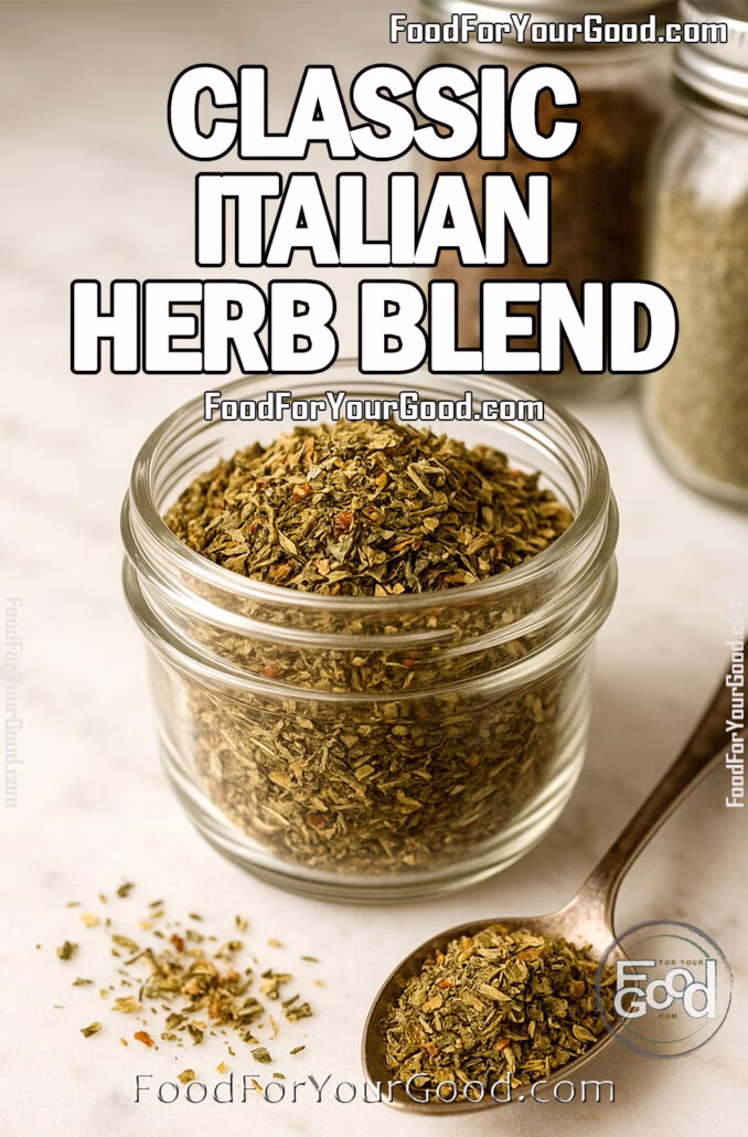 Classic Italian Herb Blend A small glass jar filled with homemade Classic Italian Herb Blend on a marble countertop, with a tarnished spoon of seasoning beside it.