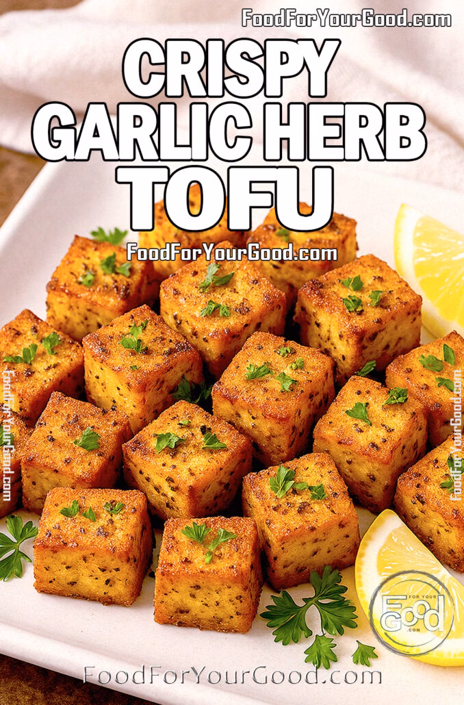 Crispy Garlic Herb Tofu Golden crispy garlic herb tofu cubes served on a square white plate with lemon wedges and fresh parsley on a brown marble background.