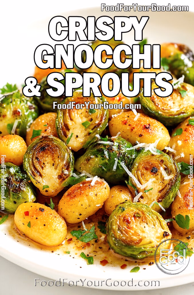 Crispy Gnocchi & Sprouts Crispy gnocchi and roasted Brussels sprouts garnished with Parmesan and parsley in a white bowl on marble background.