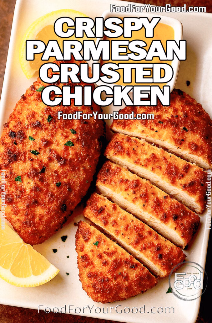 Crispy Parmesan Crusted Chicken served with lemon wedges and honey mustard on white plate