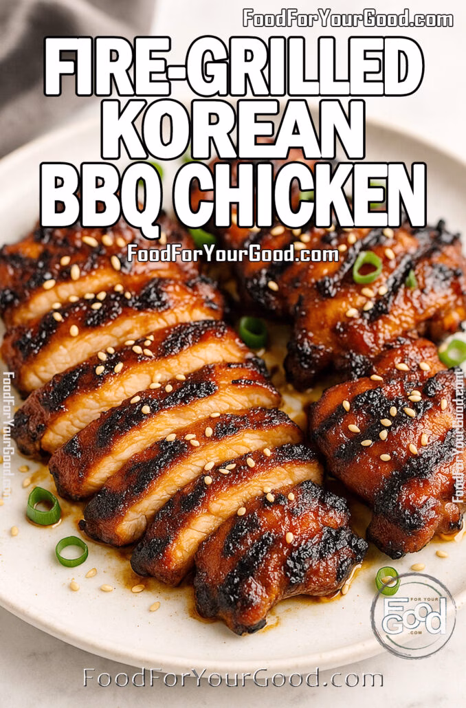 Sliced fire-grilled Korean BBQ chicken thighs with sesame seeds and green onions on a plate.