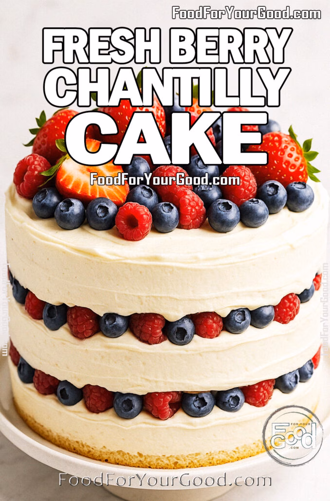 Fresh Berry Chantilly Cake Fresh Berry Chantilly Cake on a white cake stand with mascarpone frosting and berries, styled on marble with soft window light.