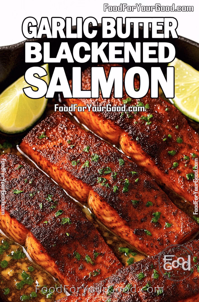 Blackened salmon fillets in garlic butter lime sauce with fresh lime wedges in a cast-iron skillet on marble