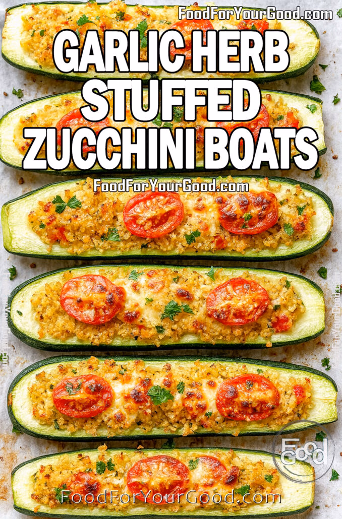 Garlic Herb Stuffed Zucchini Boats Baked garlic herb stuffed zucchini boats with golden mozzarella and cherry tomatoes on parchment paper.