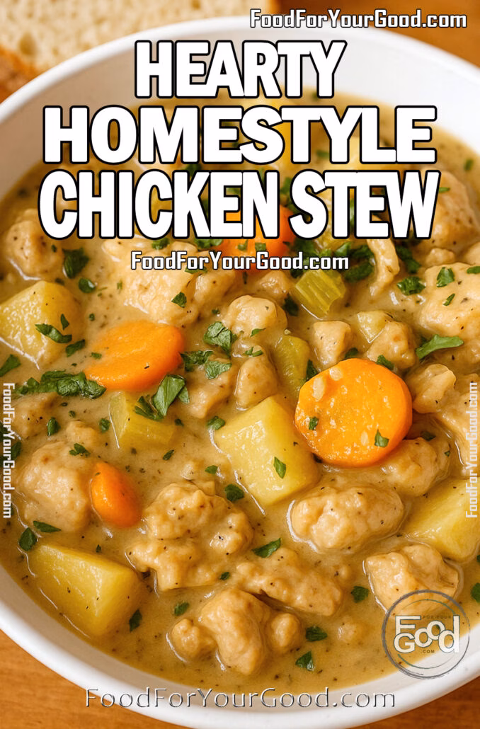 A bowl of creamy homemade chicken stew filled with tender chicken chunks, carrots, potatoes, and herbs.