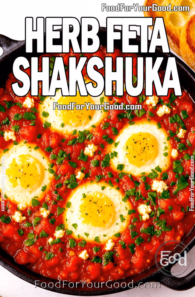 Herb Feta Shakshuka Herb Feta Shakshuka with eggs in tomato sauce, feta, and herbs in a cast iron skillet on marble background.