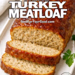 Homemade Juicy Herb Turkey Meatloaf with maple-Dijon glaze on white ceramic plate