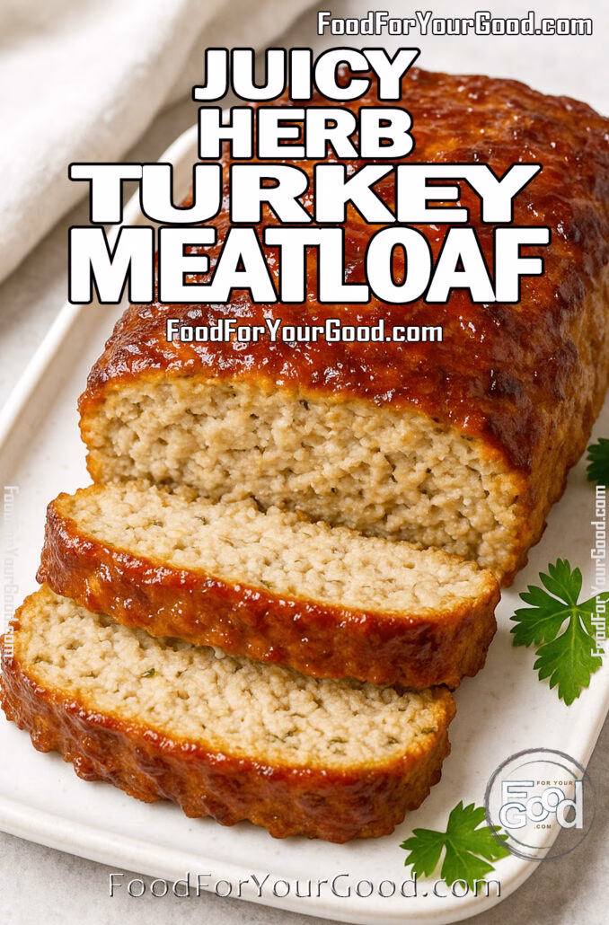 Juicy Herb Turkey Meatloaf Homemade Juicy Herb Turkey Meatloaf with maple-Dijon glaze on white ceramic plate