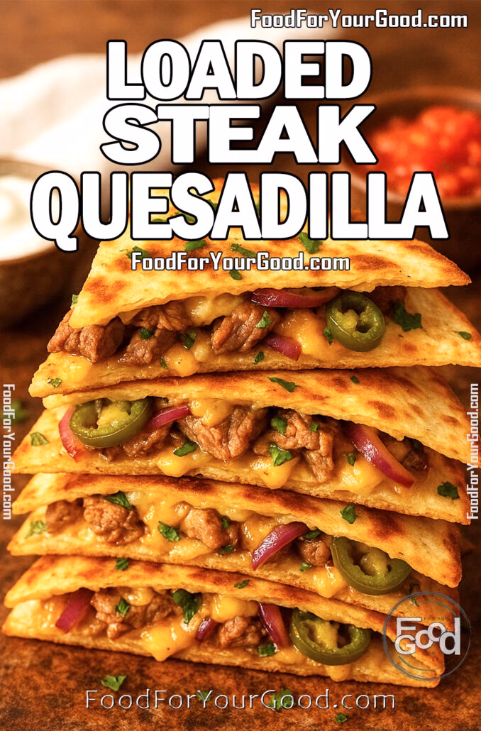 Loaded Steak Quesadilla Stack of golden steak quesadilla wedges filled with melted cheese, jalapeños, and red onions, set on brown marble with sour cream and salsa.