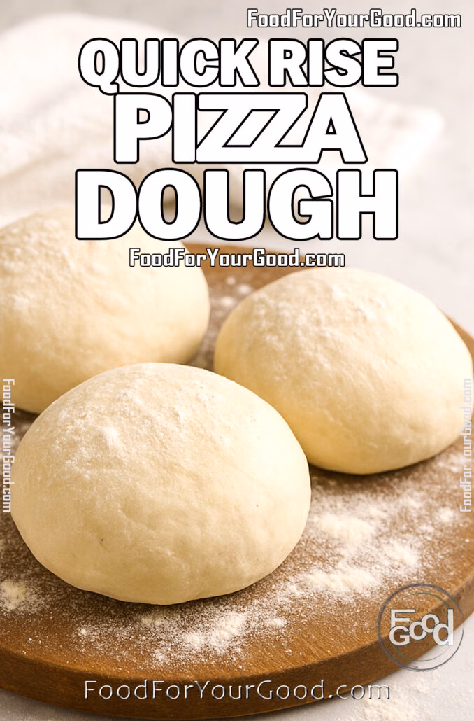 Quick Rise Pizza Dough Three raw pizza dough balls resting on a wooden board dusted with flour, with a soft white towel in the background on a marble countertop.