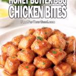 3-Ingredient Honey Butter BBQ Chicken Bites on a white plate with parsley garnish on FoodForYourGood.com
