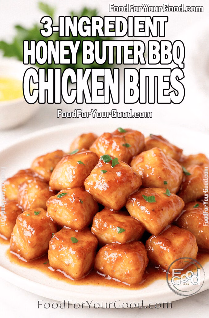 3-Ingredient Honey Butter BBQ Chicken Bites 3-Ingredient Honey Butter BBQ Chicken Bites on a white plate with parsley garnish on FoodForYourGood.com