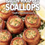 Bacon-Wrapped Scallops glazed with maple syrup, seasoned with garlic, smoked paprika, salt, and black pepper, garnished with fresh parsley and lemon wedges on a white plate.