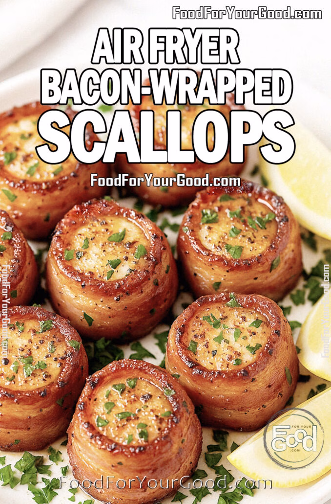 Air Fryer Bacon-Wrapped Scallops Bacon-Wrapped Scallops glazed with maple syrup, seasoned with garlic, smoked paprika, salt, and black pepper, garnished with fresh parsley and lemon wedges on a white plate.