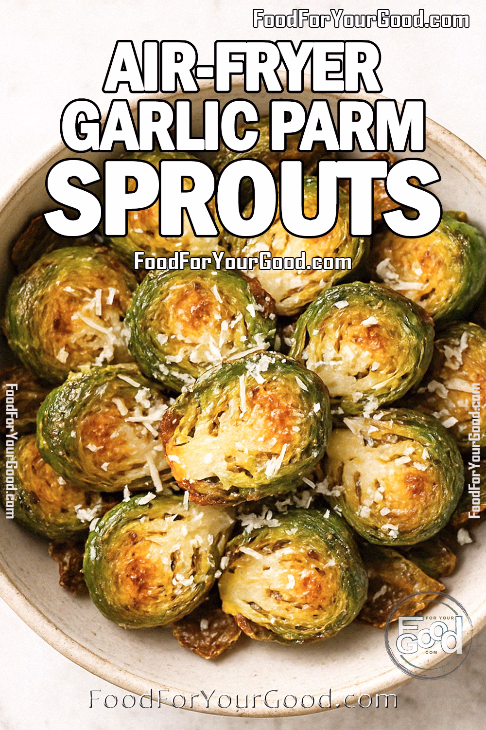 Air-fried Brussels sprouts in a rustic bowl topped with Parmesan cheese on a white marble surface