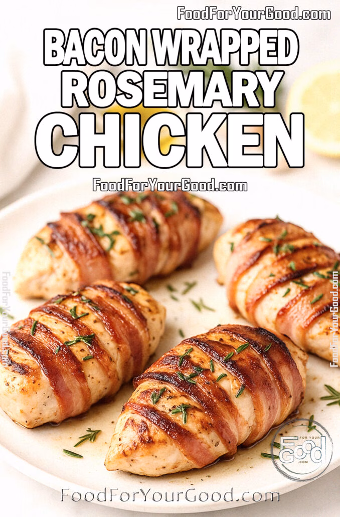 Grilled Bacon Wrapped Rosemary Chicken served on a white plate with fresh rosemary garnish on FoodForYourGood.com