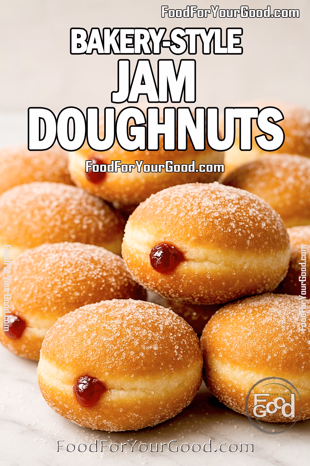 A dozen bakery-style jam-filled doughnuts dusted with sugar on a white marble countertop