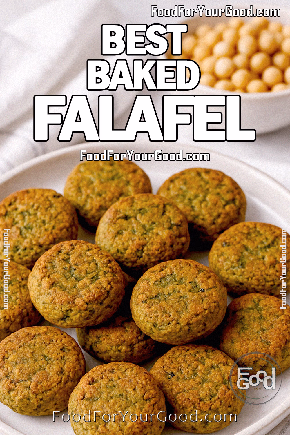 A plate of golden, oven-baked falafel served on a ceramic dish with a bowl of chickpeas and a white towel in the background.