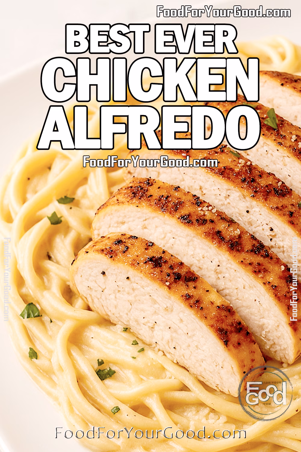 Creamy fettuccine Alfredo topped with golden sliced chicken breast, served on a white square plate.