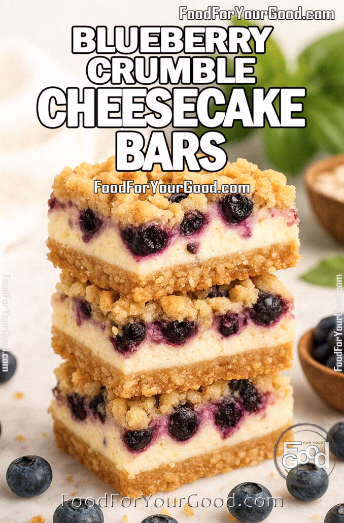 Blueberry Crumble Cheesecake Bars stacked on a marble surface, with a golden oat crust, creamy cheesecake layer, juicy blueberries, and streusel topping. Styled with fresh blueberries, oats, and a white towel in the background.