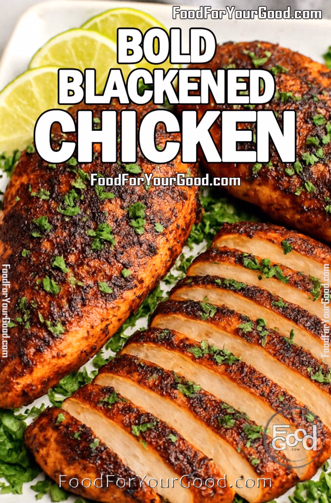 Bold Blackened Chicken Breasts sliced and served with lime wedges and parsley on a square ceramic plate
