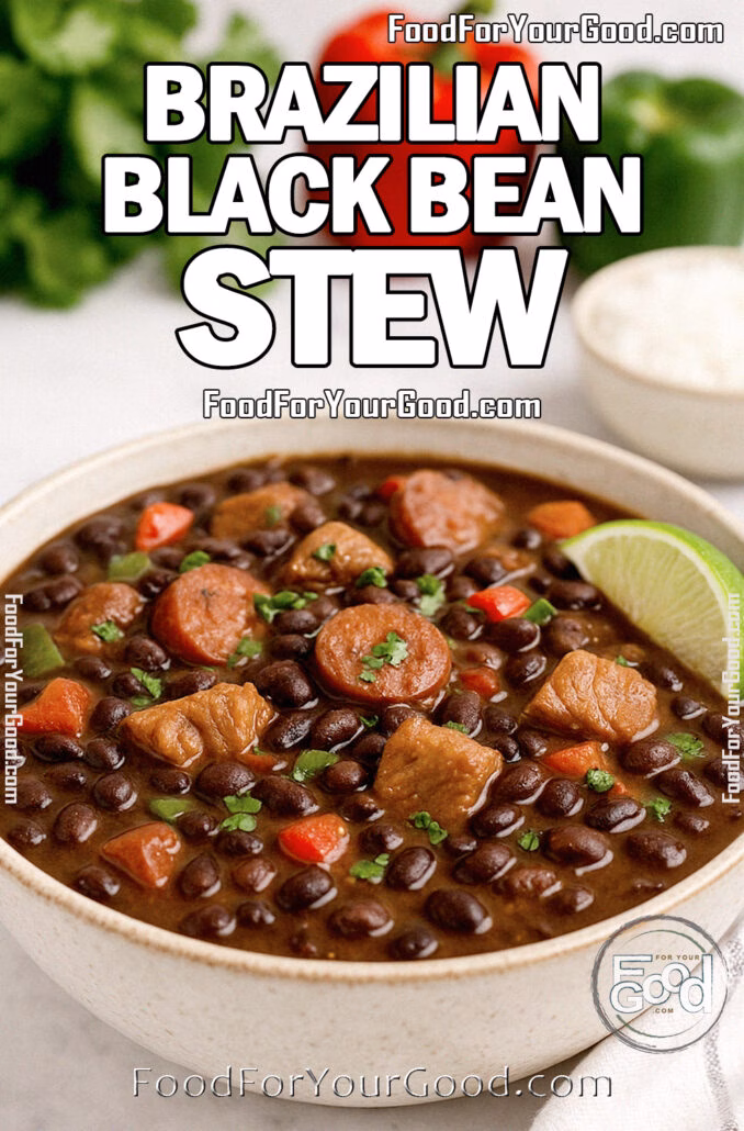 Brazilian Black Bean Stew in a white ceramic bowl with smoky sausage, tender pork, glossy black beans, colorful peppers, cilantro, and lime, styled on a white marble surface with rice and fresh peppers blurred in the background.