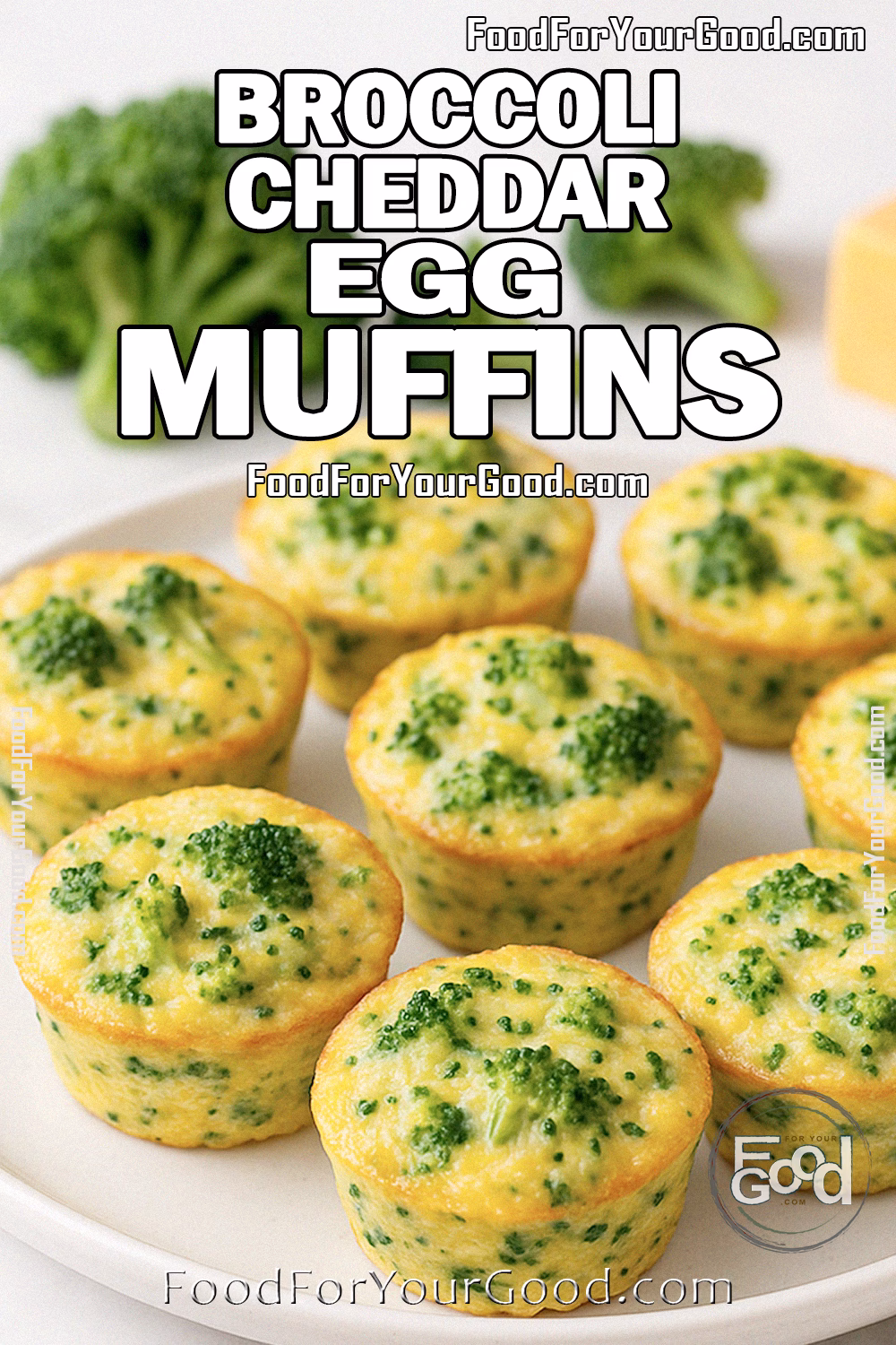 Broccoli Cheddar Egg Muffins on a white plate with broccoli florets and cheddar in the background on marble.