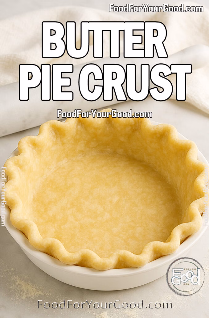 Unbaked buttery pie crust in a white fluted ceramic dish on a marble surface with rolling pin and towel in background.