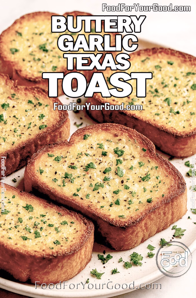 Thick golden slices of Buttery Garlic Texas Toast garnished with parsley on a round plate.