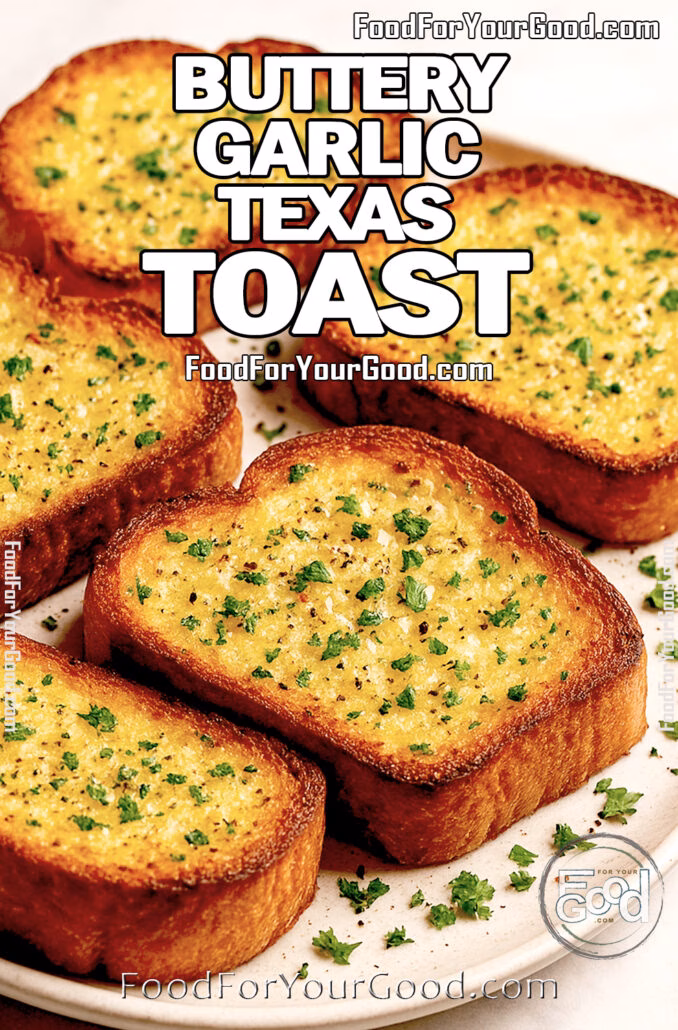 Thick golden slices of Buttery Garlic Texas Toast garnished with parsley on a round plate.