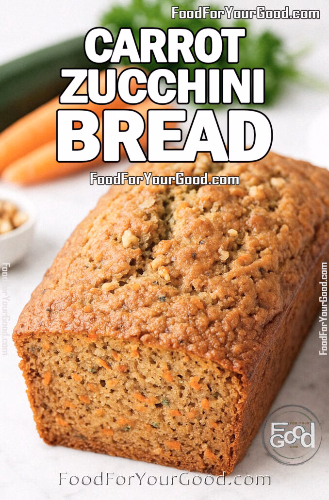 Carrot Zucchini Bread with a slice cut, on white marble cutting board, carrots and zucchini in background