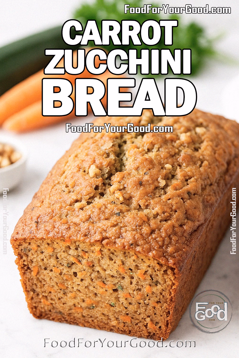 Carrot Zucchini Bread with a slice cut, on white marble cutting board, carrots and zucchini in background