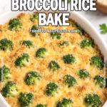 Cheesy Broccoli Rice Bake casserole with golden breadcrumb topping and tender broccoli florets in a white dish on marble background.